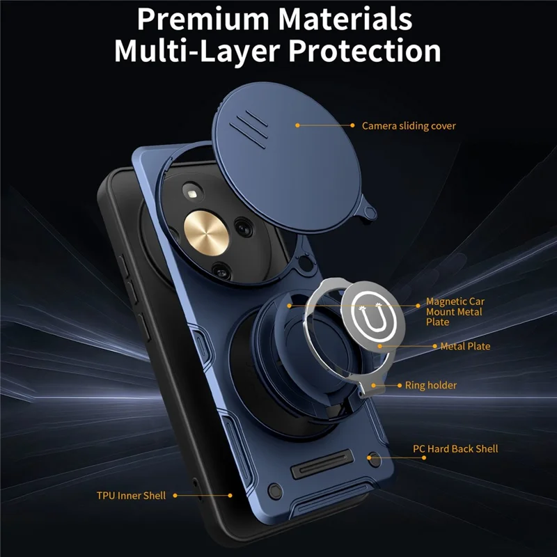 Phone Case For Honor X70 5G / X9d 5G / Magic8 Lite 5G Ring Kickstand PC + TPU Shell with Slide Camera Cover - Dark Blue