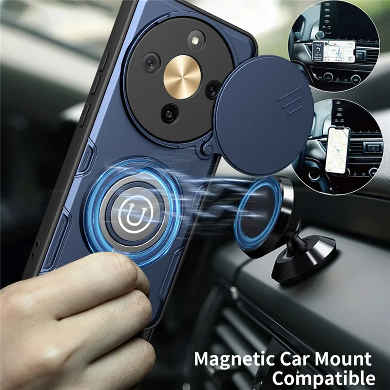 Phone Case For Honor X70 5G / X9d 5G / Magic8 Lite 5G Ring Kickstand PC + TPU Shell with Slide Camera Cover - Dark Blue