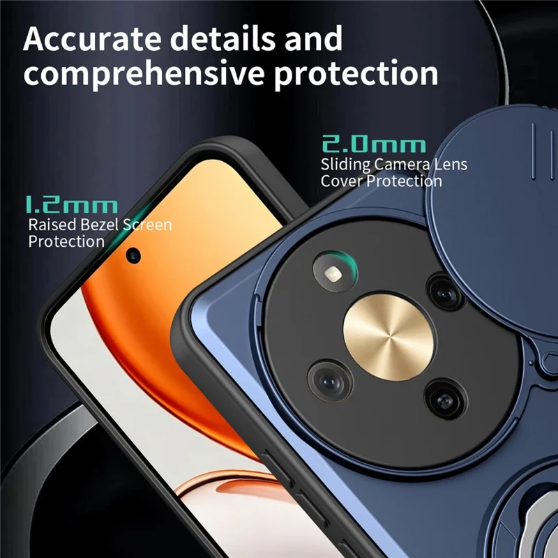 Phone Case For Honor X70 5G / X9d 5G / Magic8 Lite 5G Ring Kickstand PC + TPU Shell with Slide Camera Cover - Dark Blue
