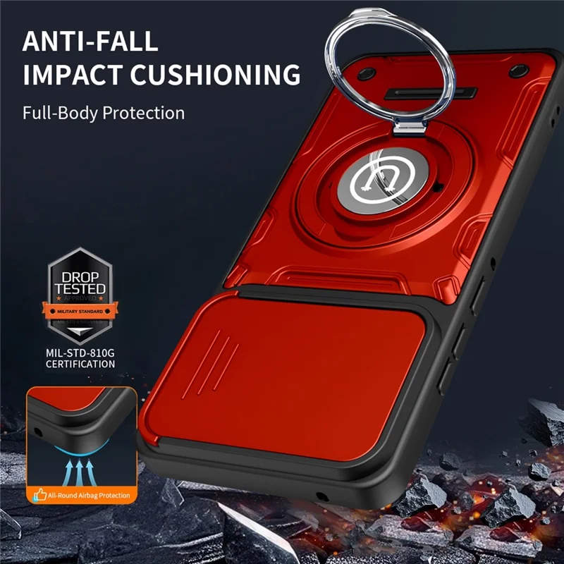 Für Motorola Moto G86 5G Hülle mit schiebbarer Kameraabdeckung Ring-Ständer PC + TPU Handyhülle - Rot