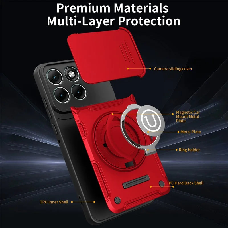 For Motorola Edge 60 Pro 5G Case with Slide Camera Cover Ring Kickstand PC + TPU Phone Shell - Red