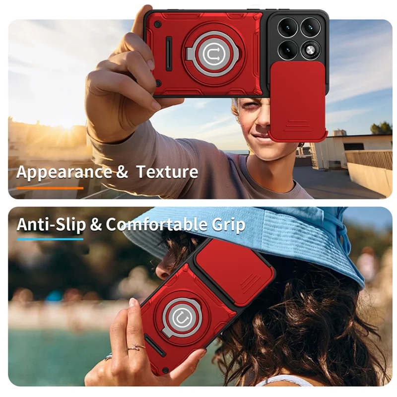 For Motorola Edge 60 Pro 5G Case with Slide Camera Cover Ring Kickstand PC + TPU Phone Shell - Red