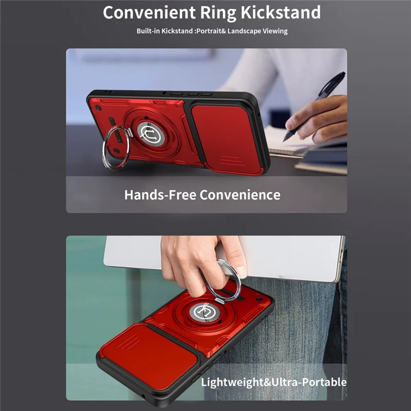 For Motorola Edge 60 Pro 5G Case with Slide Camera Cover Ring Kickstand PC + TPU Phone Shell - Red
