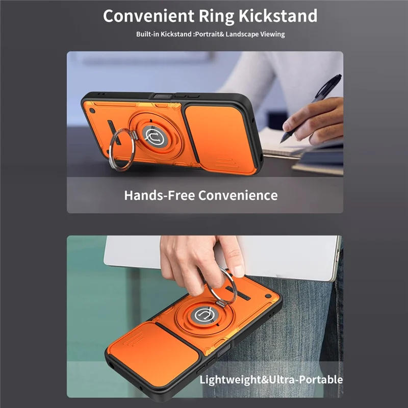 Phone Case For Xiaomi Redmi 13 4G / Redmi 13 5G / Poco M6 Plus 5G Ring Kickstand PC + TPU Shell with Slide Camera Cover - Orange