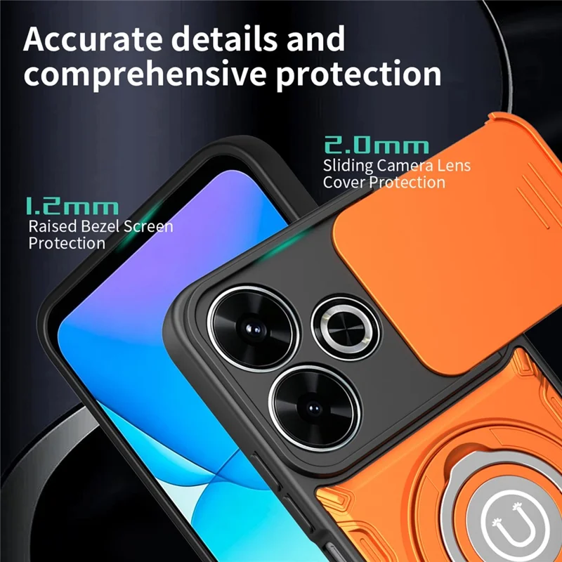 Phone Case For Xiaomi Redmi 13 4G / Redmi 13 5G / Poco M6 Plus 5G Ring Kickstand PC + TPU Shell with Slide Camera Cover - Orange