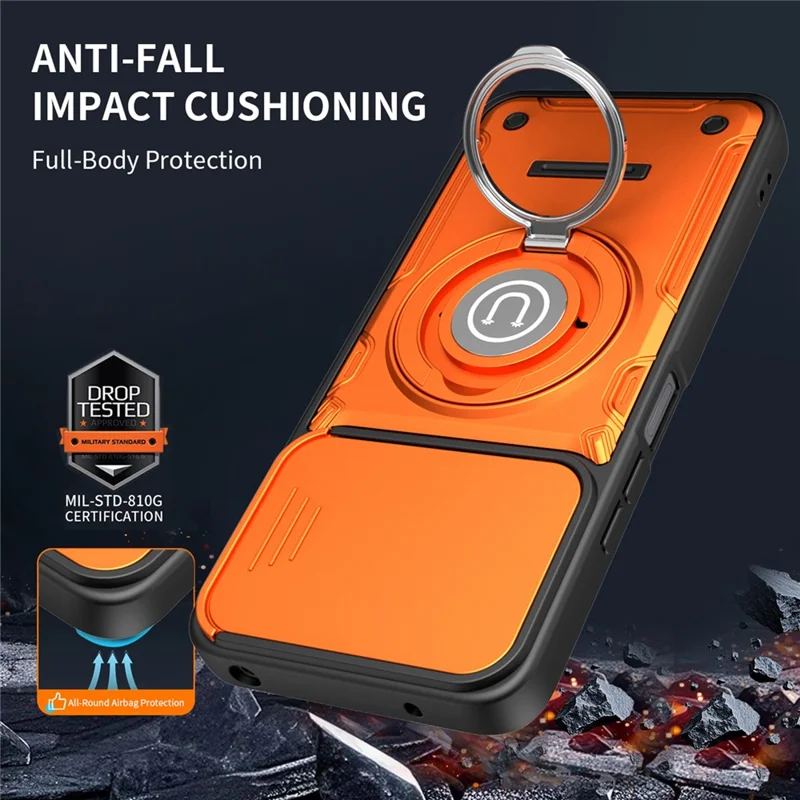 Phone Case For Xiaomi Redmi 13 4G / Redmi 13 5G / Poco M6 Plus 5G Ring Kickstand PC + TPU Shell with Slide Camera Cover - Orange