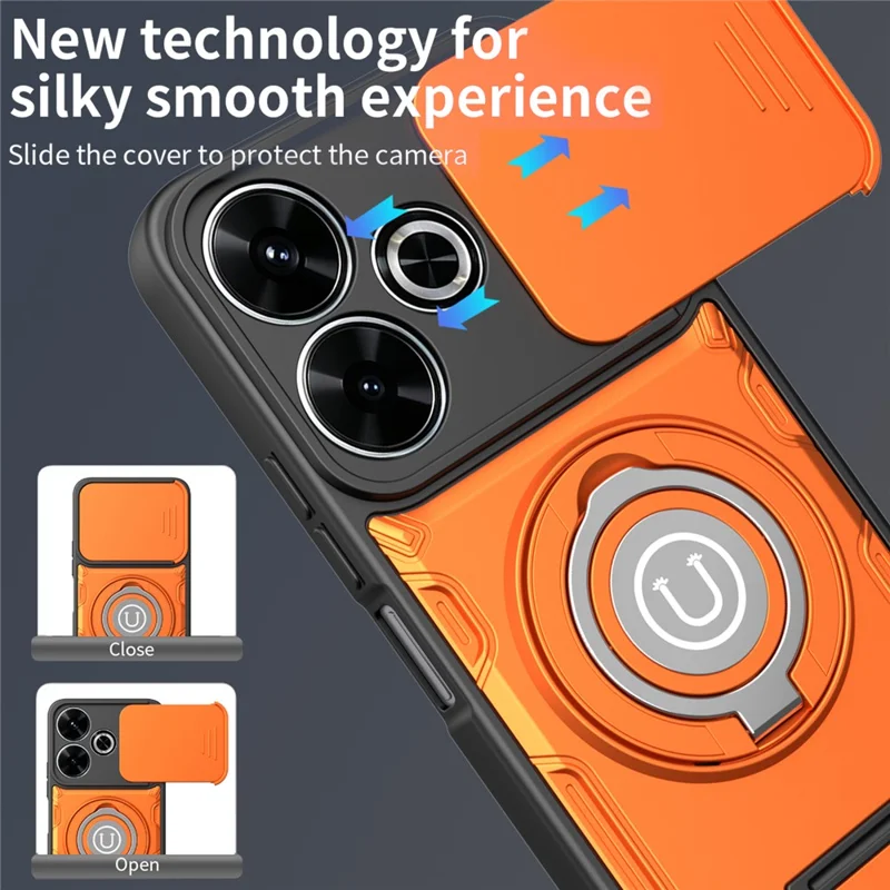 Phone Case For Xiaomi Redmi 13 4G / Redmi 13 5G / Poco M6 Plus 5G Ring Kickstand PC + TPU Shell with Slide Camera Cover - Orange