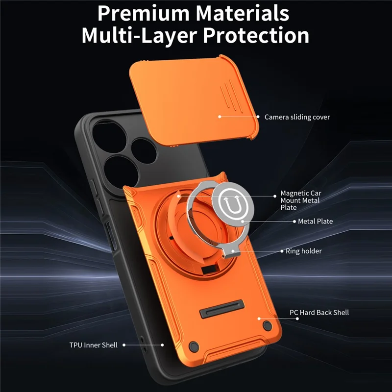 Phone Case For Xiaomi Redmi 13 4G / Redmi 13 5G / Poco M6 Plus 5G Ring Kickstand PC + TPU Shell with Slide Camera Cover - Orange