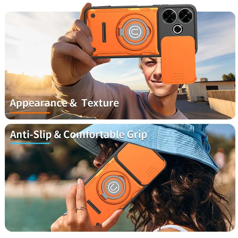Phone Case For Xiaomi Redmi 13 4G / Redmi 13 5G / Poco M6 Plus 5G Ring Kickstand PC + TPU Shell with Slide Camera Cover - Orange