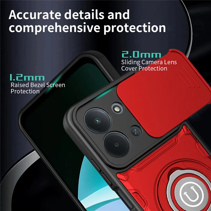 For Xiaomi Redmi 15C 4G (Global) (171mm) / Poco C85 4G (171mm) Case with Slide Camera Cover Ring Kickstand PC + TPU Phone Shell - Red