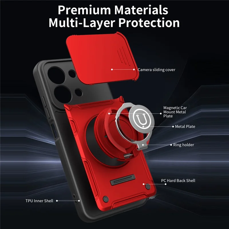 For Xiaomi Redmi 15C 4G (Global) (171mm) / Poco C85 4G (171mm) Case with Slide Camera Cover Ring Kickstand PC + TPU Phone Shell - Red