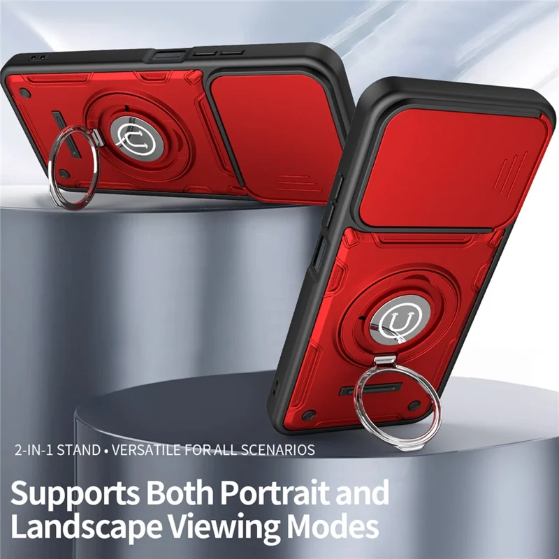 For Xiaomi Redmi 15C 4G (Global) (171mm) / Poco C85 4G (171mm) Case with Slide Camera Cover Ring Kickstand PC + TPU Phone Shell - Red