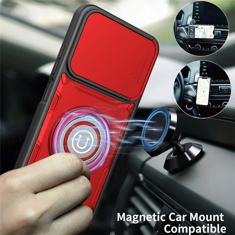 For Xiaomi Redmi 15C 4G (Global) (171mm) / Poco C85 4G (171mm) Case with Slide Camera Cover Ring Kickstand PC + TPU Phone Shell - Red