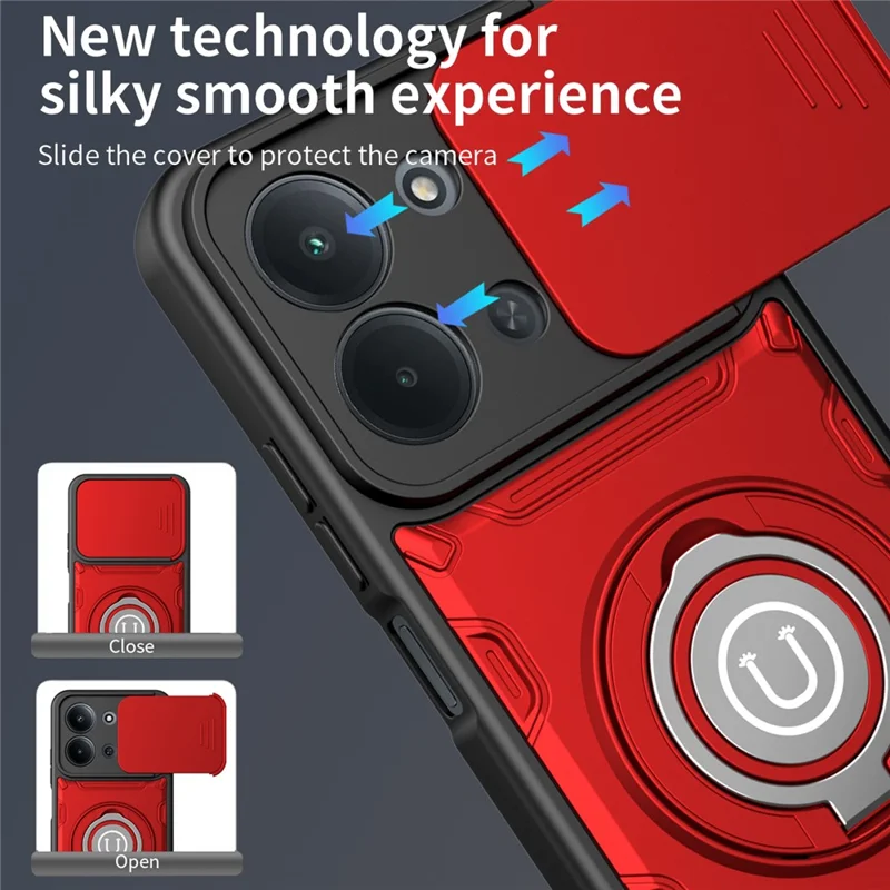 For Xiaomi Redmi 15C 4G (Global) (171mm) / Poco C85 4G (171mm) Case with Slide Camera Cover Ring Kickstand PC + TPU Phone Shell - Red