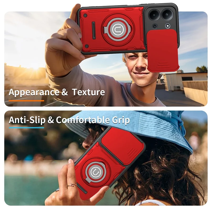 For Xiaomi Redmi 15C 4G (Global) (171mm) / Poco C85 4G (171mm) Case with Slide Camera Cover Ring Kickstand PC + TPU Phone Shell - Red
