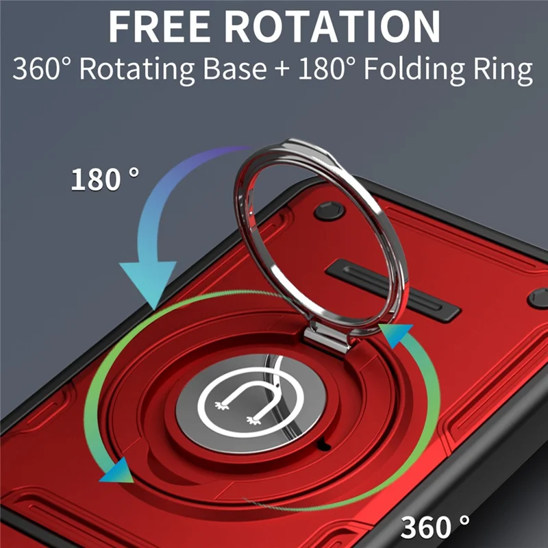 For Xiaomi Redmi 15C 4G (Global) (171mm) / Poco C85 4G (171mm) Case with Slide Camera Cover Ring Kickstand PC + TPU Phone Shell - Red