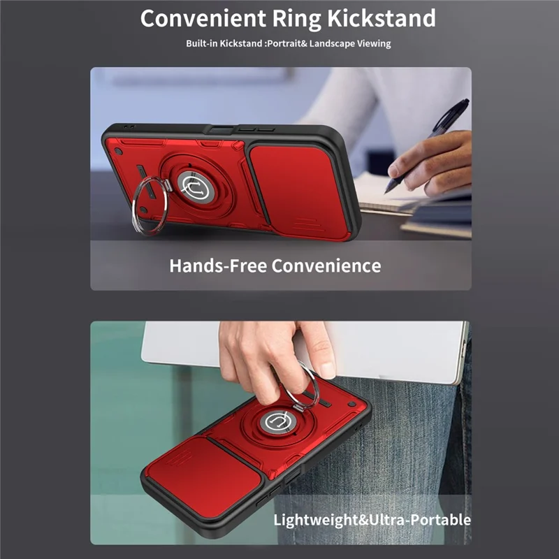 For Xiaomi Redmi 15C 4G (Global) (171mm) / Poco C85 4G (171mm) Case with Slide Camera Cover Ring Kickstand PC + TPU Phone Shell - Red