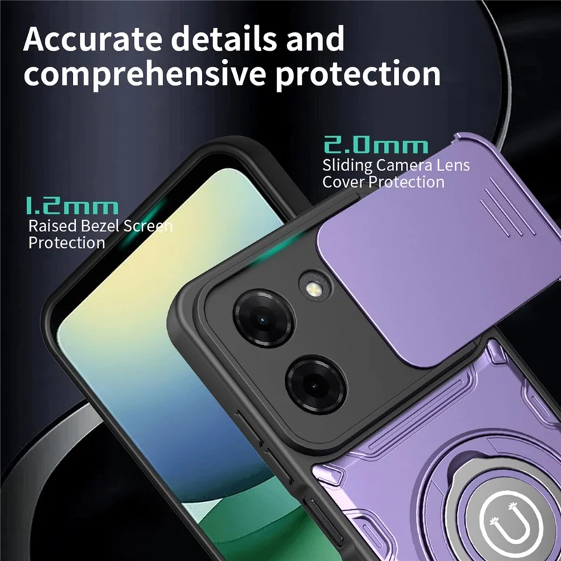 For Xiaomi Redmi A5 4G (171.7mm) / Poco C71 4G Case with Slide Camera Cover Ring Kickstand PC + TPU Phone Shell - Purple