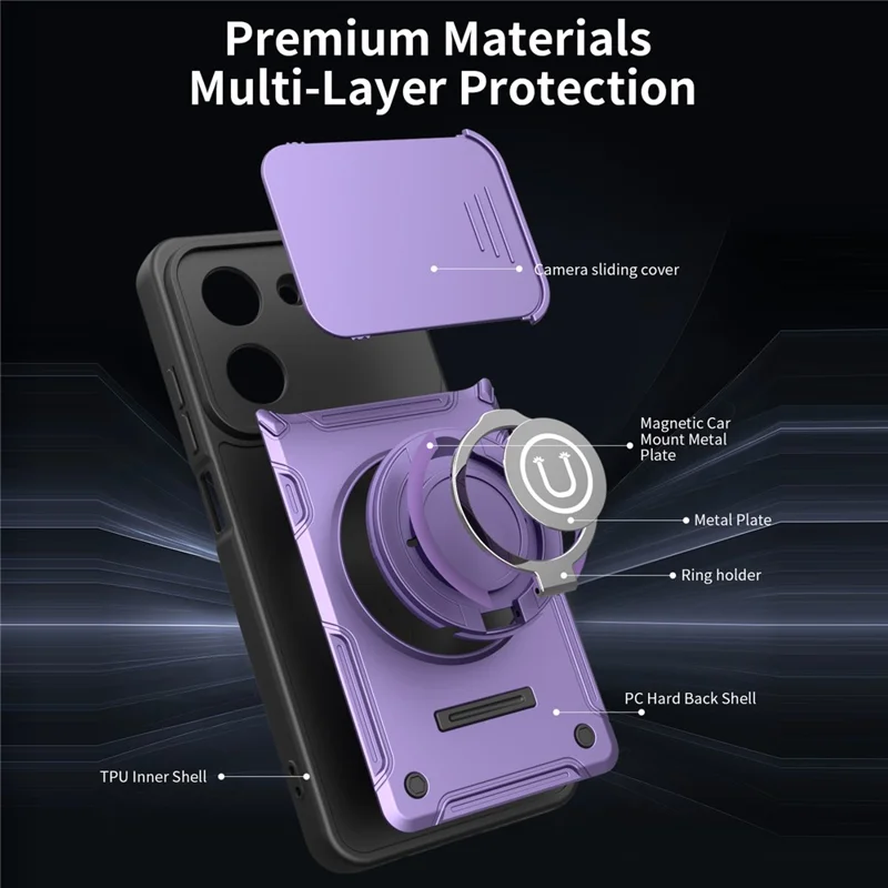 For Xiaomi Redmi A5 4G (171.7mm) / Poco C71 4G Case with Slide Camera Cover Ring Kickstand PC + TPU Phone Shell - Purple