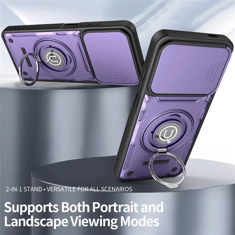 For Xiaomi Redmi A5 4G (171.7mm) / Poco C71 4G Case with Slide Camera Cover Ring Kickstand PC + TPU Phone Shell - Purple