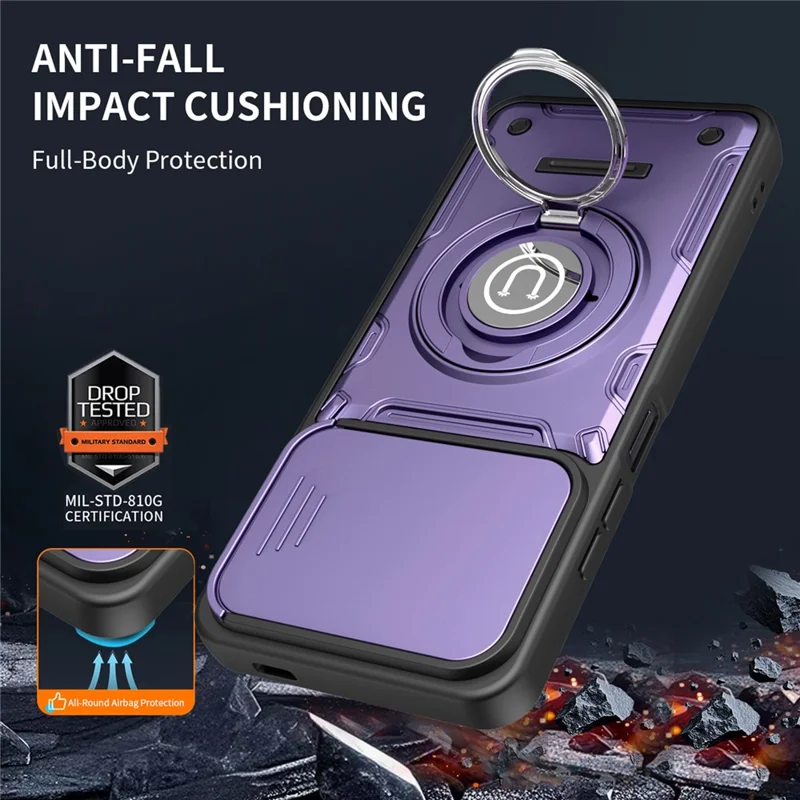 For Xiaomi Redmi A5 4G (171.7mm) / Poco C71 4G Case with Slide Camera Cover Ring Kickstand PC + TPU Phone Shell - Purple