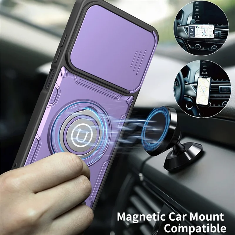 For Xiaomi Redmi A5 4G (171.7mm) / Poco C71 4G Case with Slide Camera Cover Ring Kickstand PC + TPU Phone Shell - Purple