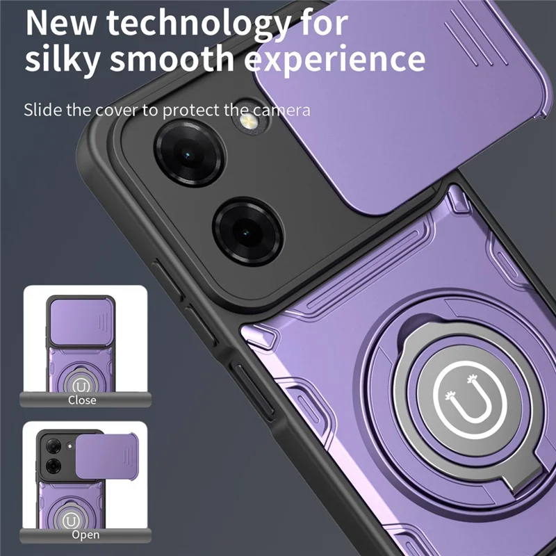 For Xiaomi Redmi A5 4G (171.7mm) / Poco C71 4G Case with Slide Camera Cover Ring Kickstand PC + TPU Phone Shell - Purple