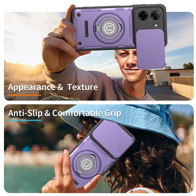For Xiaomi Redmi A5 4G (171.7mm) / Poco C71 4G Case with Slide Camera Cover Ring Kickstand PC + TPU Phone Shell - Purple