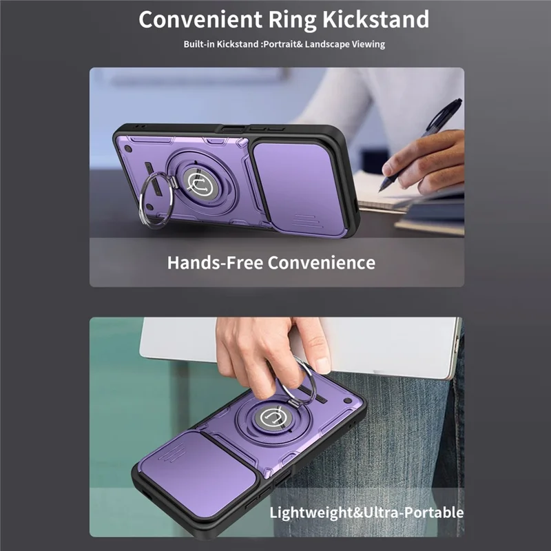 For Xiaomi Redmi A5 4G (171.7mm) / Poco C71 4G Case with Slide Camera Cover Ring Kickstand PC + TPU Phone Shell - Purple