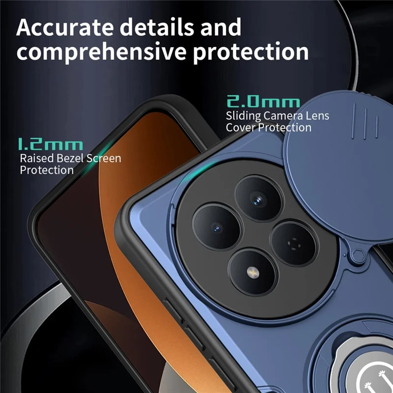 Cover per Xiaomi Redmi Note 14 Pro 4G / 14 Pro 5G / Poco X7 5G con Cover Scorrevole per Fotocamera, Anello Supporto, Custodia per Telefono in PC + TPU - Blu Scuro