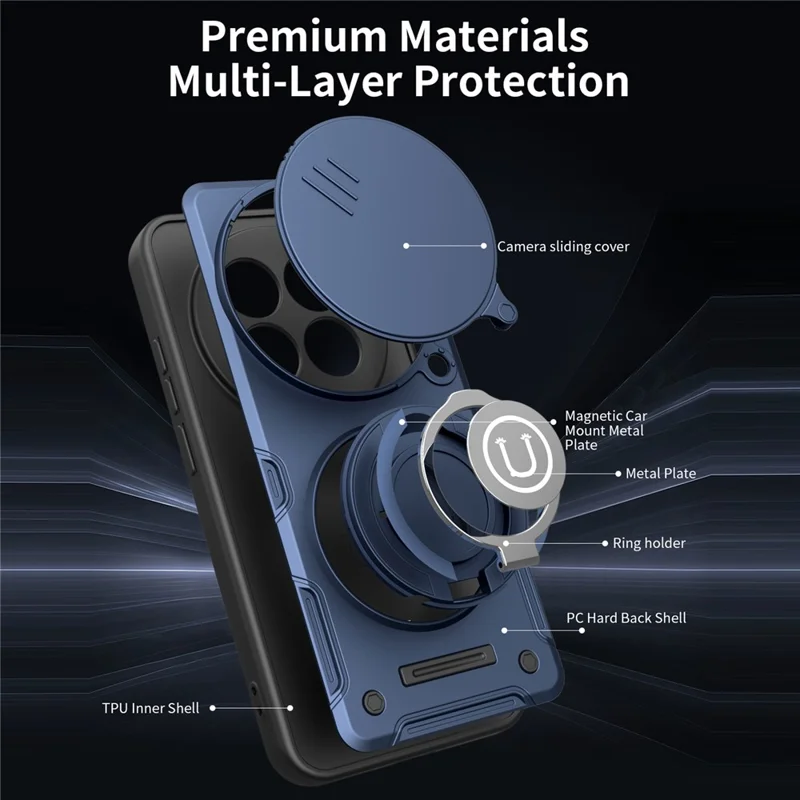 Cover per Xiaomi Redmi Note 14 Pro 4G / 14 Pro 5G / Poco X7 5G con Cover Scorrevole per Fotocamera, Anello Supporto, Custodia per Telefono in PC + TPU - Blu Scuro