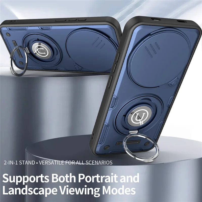 Cover per Xiaomi Redmi Note 14 Pro 4G / 14 Pro 5G / Poco X7 5G con Cover Scorrevole per Fotocamera, Anello Supporto, Custodia per Telefono in PC + TPU - Blu Scuro