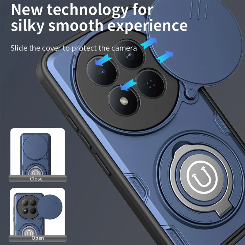 Cover per Xiaomi Redmi Note 14 Pro 4G / 14 Pro 5G / Poco X7 5G con Cover Scorrevole per Fotocamera, Anello Supporto, Custodia per Telefono in PC + TPU - Blu Scuro
