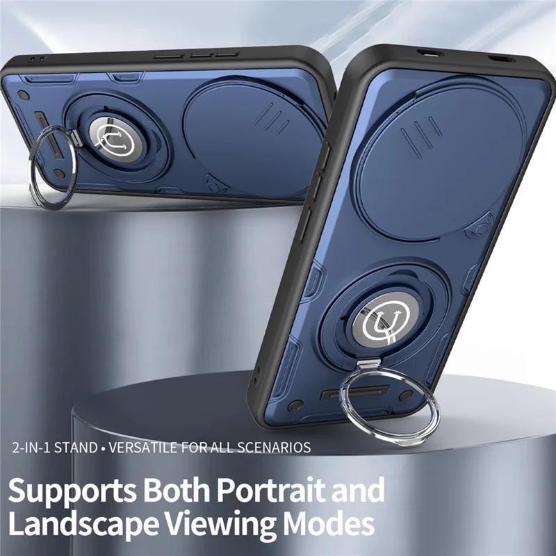 For Xiaomi Redmi Note 15 4G (Global)  /  15 5G (Global)  /  Poco M8 5G Case with Slide Camera Cover Ring Kickstand PC + TPU Phone Shell - Dark Blue