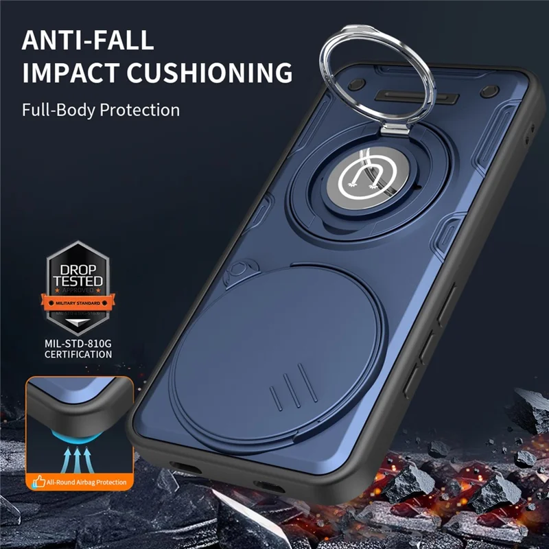 For Xiaomi Redmi Note 15 4G (Global)  /  15 5G (Global)  /  Poco M8 5G Case with Slide Camera Cover Ring Kickstand PC + TPU Phone Shell - Dark Blue