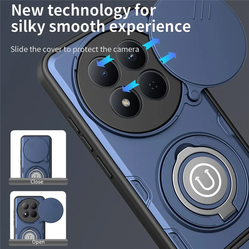 For Xiaomi Redmi Note 15 4G (Global)  /  15 5G (Global)  /  Poco M8 5G Case with Slide Camera Cover Ring Kickstand PC + TPU Phone Shell - Dark Blue