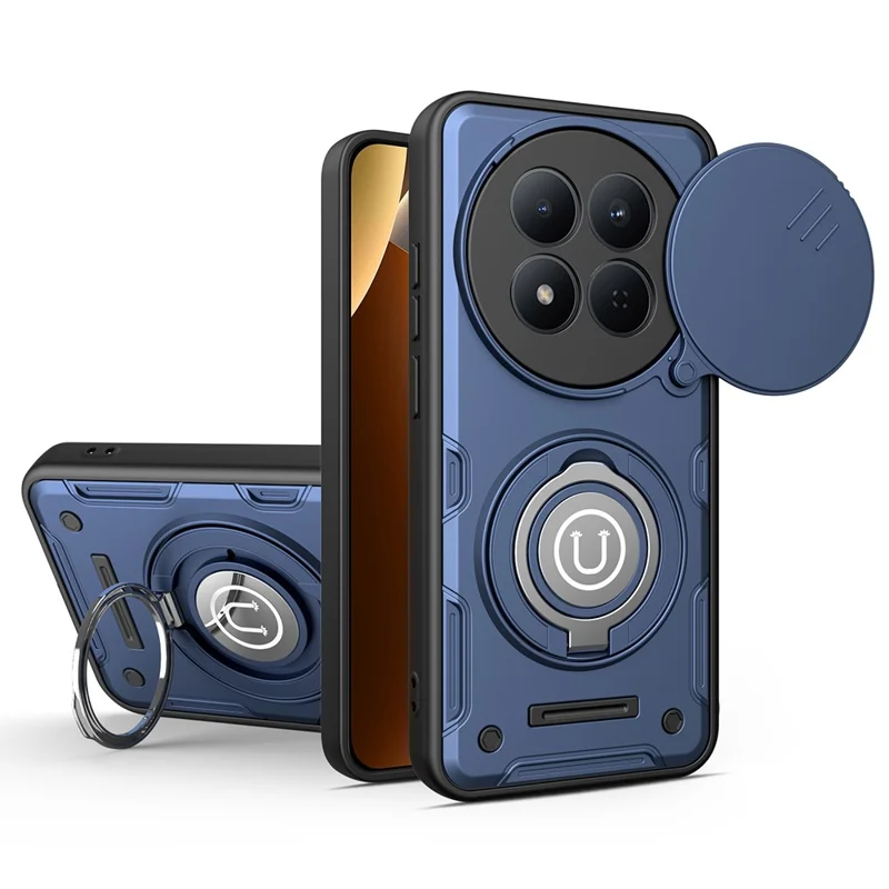 Capa para Xiaomi Redmi Note 15 Pro 4G (Global) com Tampa de Câmara Deslizante, Suporte com Anel, Capa para Telemóvel em PC + TPU - Azul Escuro