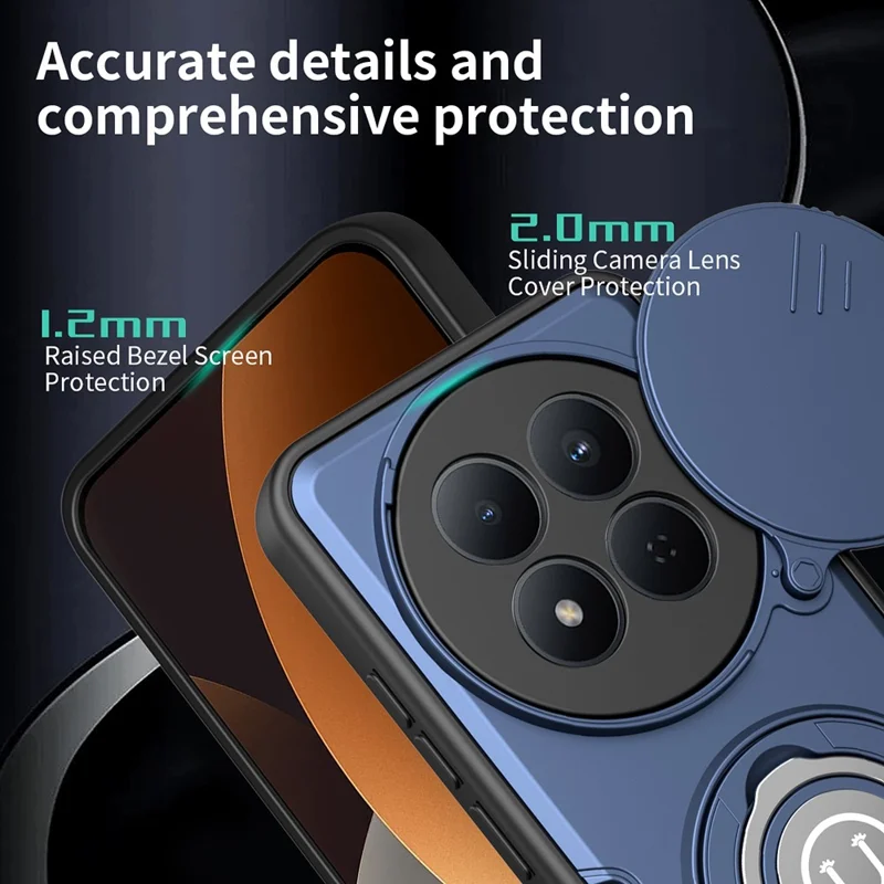 Capa para Xiaomi Redmi Note 15 Pro 4G (Global) com Tampa de Câmara Deslizante, Suporte com Anel, Capa para Telemóvel em PC + TPU - Azul Escuro