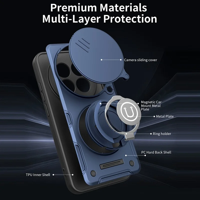 Capa para Xiaomi Redmi Note 15 Pro 4G (Global) com Tampa de Câmara Deslizante, Suporte com Anel, Capa para Telemóvel em PC + TPU - Azul Escuro