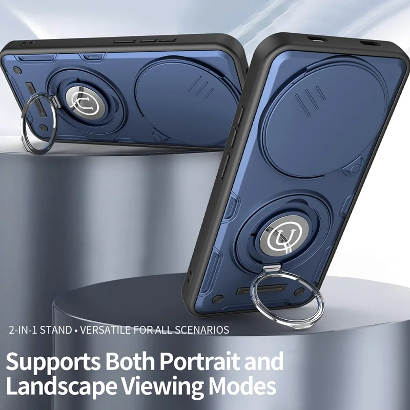Capa para Xiaomi Redmi Note 15 Pro 4G (Global) com Tampa de Câmara Deslizante, Suporte com Anel, Capa para Telemóvel em PC + TPU - Azul Escuro