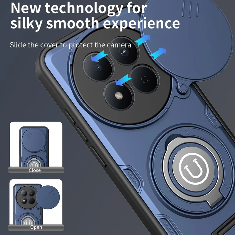Capa para Xiaomi Redmi Note 15 Pro 4G (Global) com Tampa de Câmara Deslizante, Suporte com Anel, Capa para Telemóvel em PC + TPU - Azul Escuro