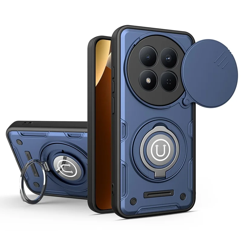 For Xiaomi Redmi Note 15 Pro+ 5G (Global)  /  Poco M8 Pro 5G Case with Slide Camera Cover Ring Kickstand PC + TPU Phone Shell - Dark Blue