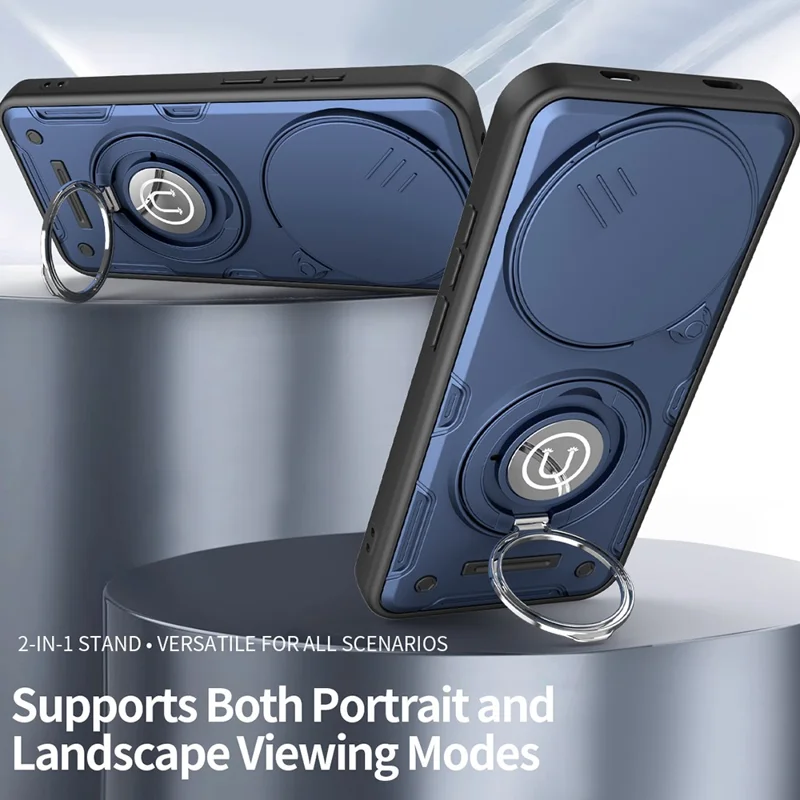 For Xiaomi Redmi Note 15 Pro+ 5G (Global)  /  Poco M8 Pro 5G Case with Slide Camera Cover Ring Kickstand PC + TPU Phone Shell - Dark Blue