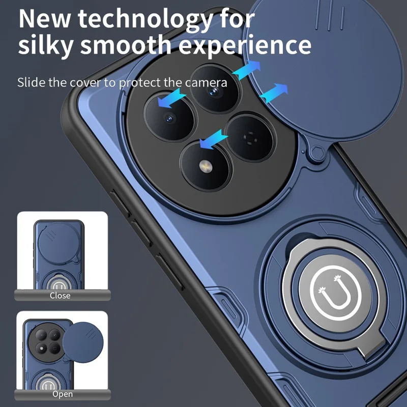 For Xiaomi Redmi Note 15 Pro+ 5G (Global)  /  Poco M8 Pro 5G Case with Slide Camera Cover Ring Kickstand PC + TPU Phone Shell - Dark Blue