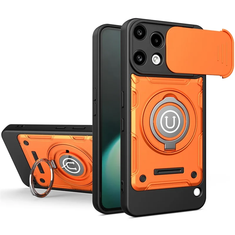 For Nothing Phone (3a) Lite 5G Case with Slide Camera Cover Ring Kickstand PC + TPU Phone Shell - Orange