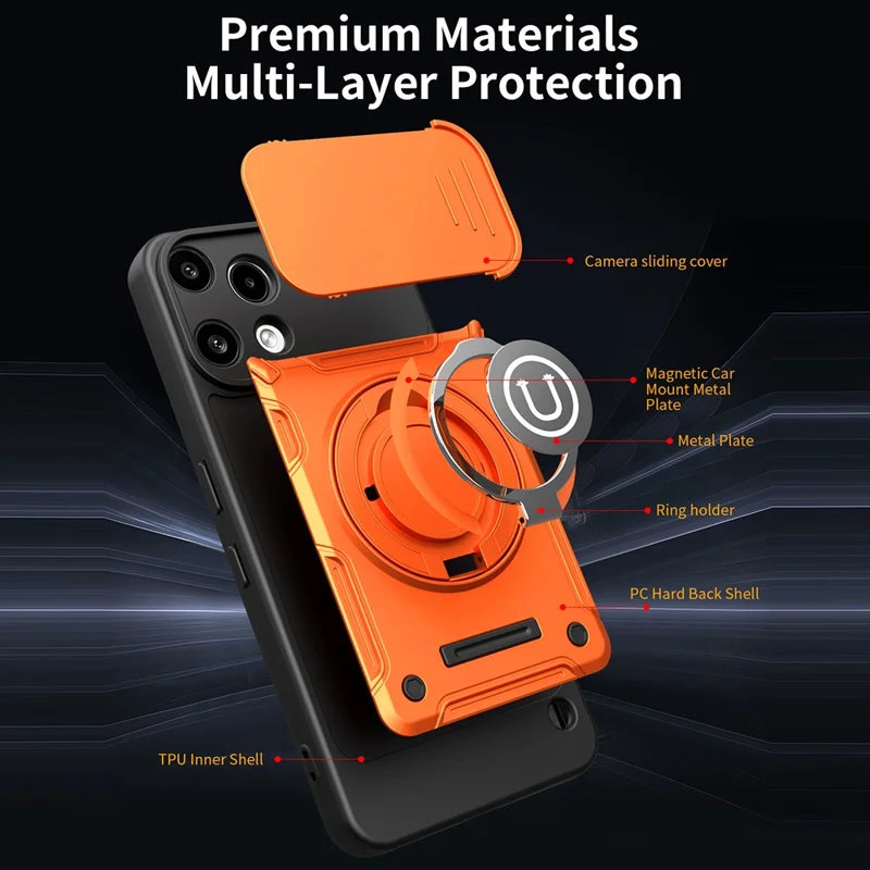 For Nothing Phone (3a) Lite 5G Case with Slide Camera Cover Ring Kickstand PC + TPU Phone Shell - Orange