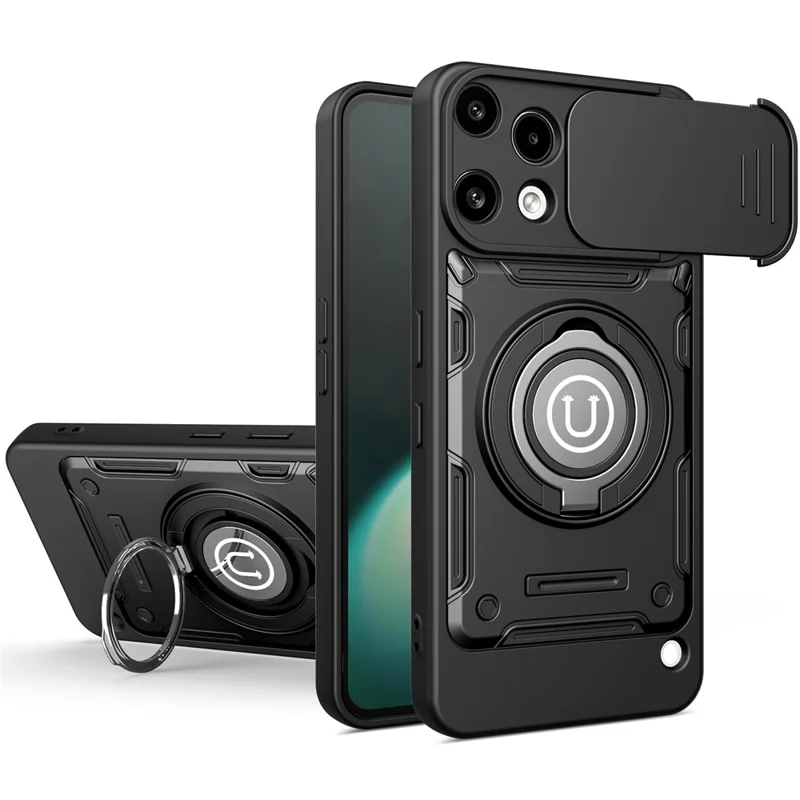 For Nothing Phone (3a) Lite 5G Case with Slide Camera Cover Ring Kickstand PC + TPU Phone Shell - Black