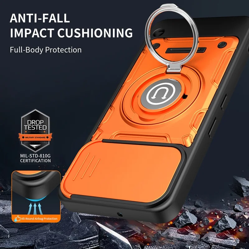 For Nothing Phone (3a) Lite 5G Case with Slide Camera Cover Ring Kickstand PC + TPU Phone Shell - Black