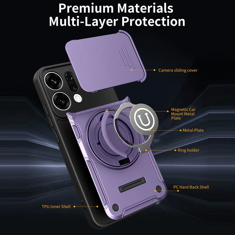 Capa para Oppo Reno14 5G (Global) com Tampa de Câmara Deslizante, Anel Suporte, Capa para Telemóvel PC + TPU - Roxo
