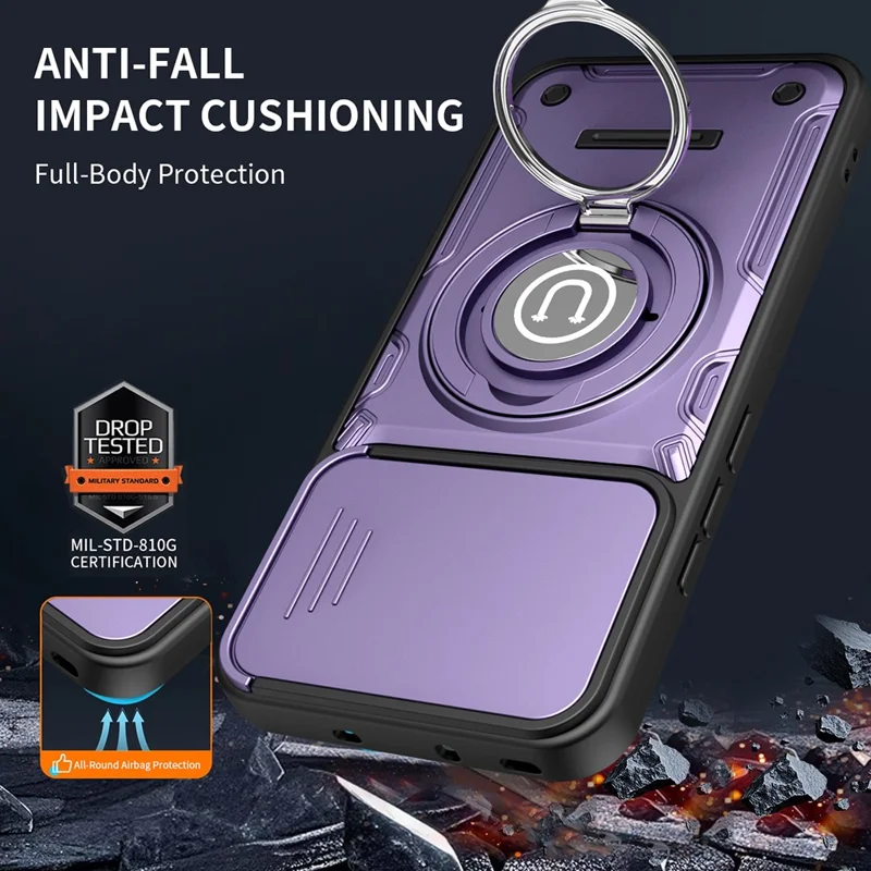 Capa para Oppo Reno14 5G (Global) com Tampa de Câmara Deslizante, Anel Suporte, Capa para Telemóvel PC + TPU - Roxo